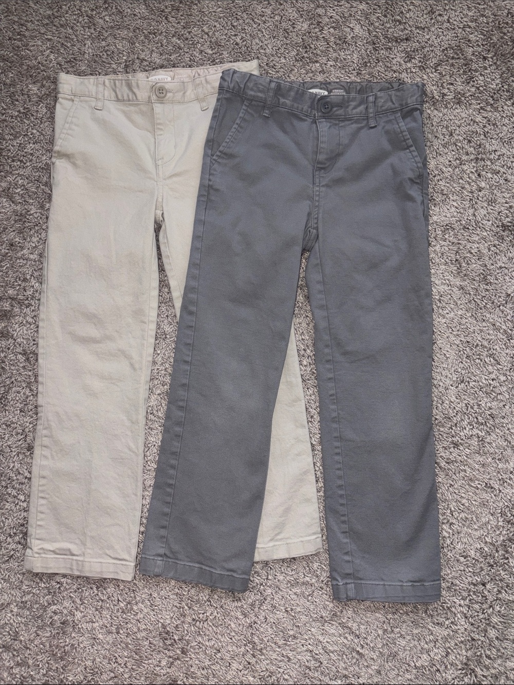 Old Navy Kids Chino Pants in Gray and Khaki. Straight leg. Built in flex.
